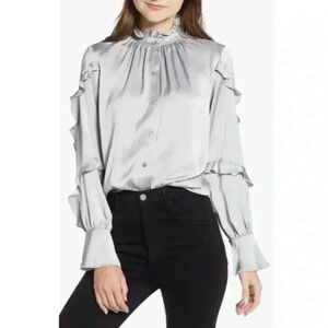 Bailey 44 Bouse Womens Small Sating Gray Ruffled Baccarat Long Sleeves